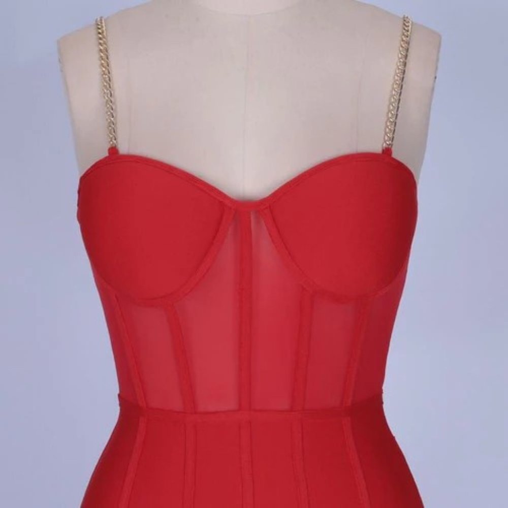 Red Top Chain Link Bandage Body Con Short Dress - Picture 8 of 14